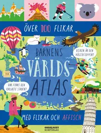 Omslaget till Barnens världsatlas med flikar och affisch av Catherine Jones